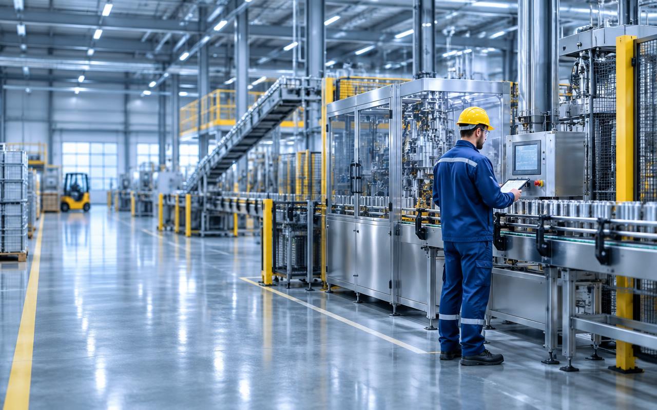 Teknisi memeriksa mesin produksi di fasilitas industri